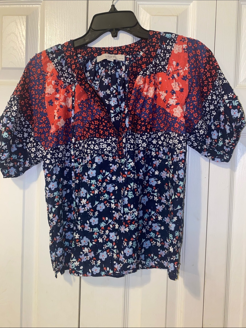 LOFT Navy and Red Patchwork Floral Blouse